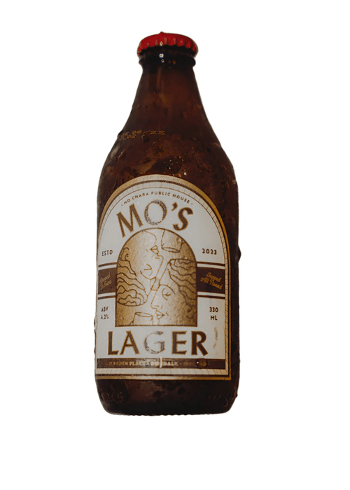 Mo Chara Mo's Lager 330ml brown glass bottle with arched window label design