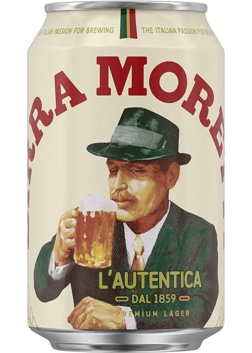 Birra Moretti 330ml aluminum can with vintage label and Italian flag