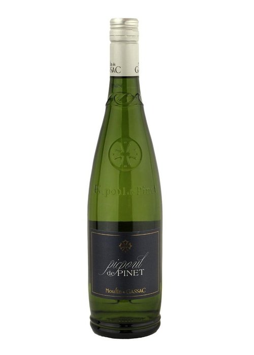 Moulin de Gassac Picpoul de Pinet white wine bottle with silver foil cap and dark label