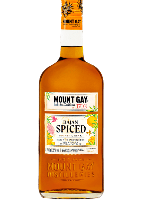 Mount Gay Bajan Spiced 700ml rum bottle with ginger and tropical fruit label