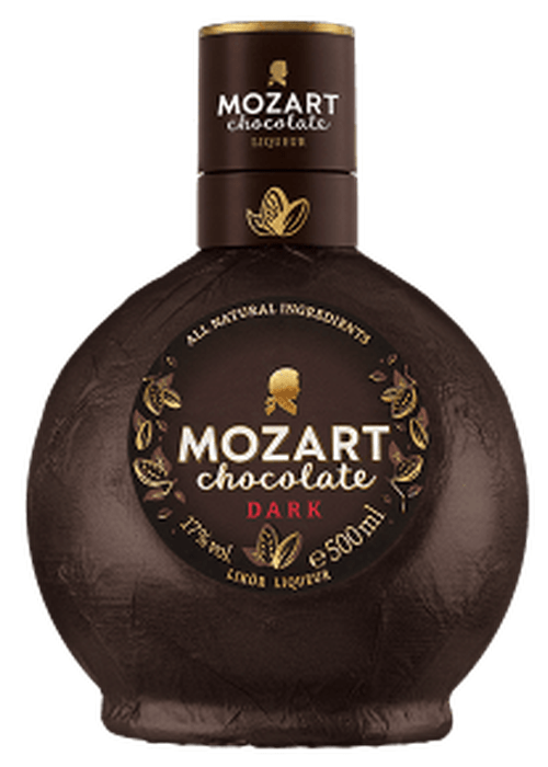 Mozart Chocolate Dark 500ml vegan dark chocolate liqueur bottle with gold cocoa pod label