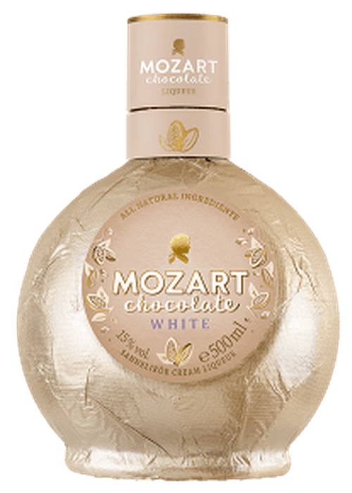 Mozart White Chocolate 500ml liqueur bottle with gold textured finish and cream label