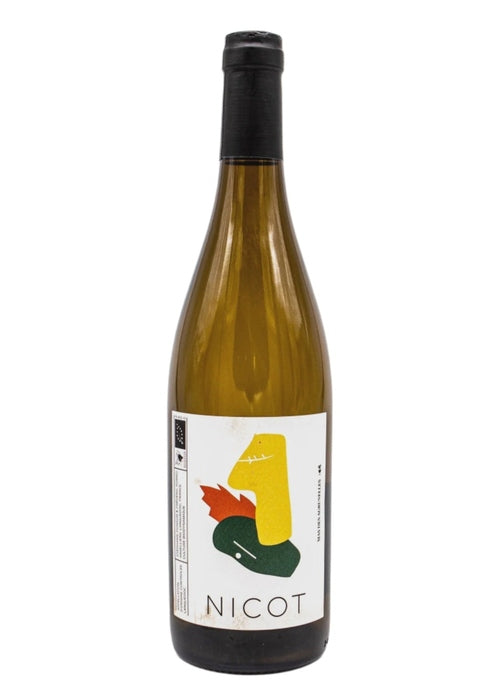 Mas des Agrunelles Nicot Rouge red wine bottle with abstract yellow and green leaf label design