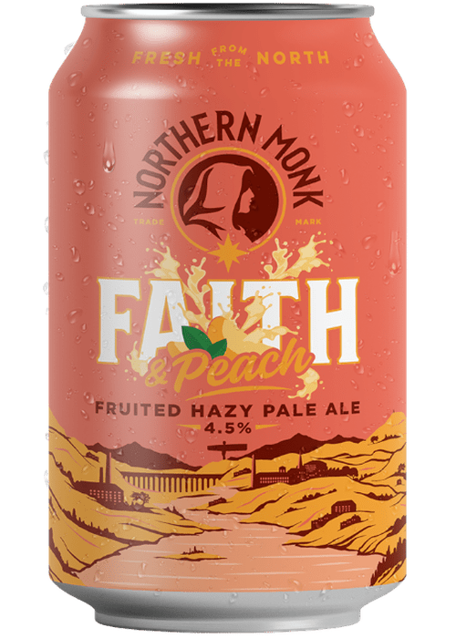 Northern Monk Faith & Peach 330ml fruited hazy pale ale can with peachy flavor