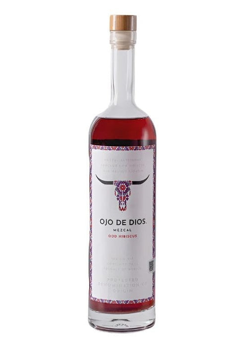 Ojo De Dios Mezcal ODD Hibiscus 700ml bottle with bull skull label and wood cap