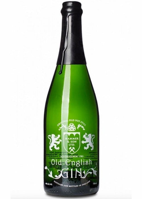 Old English Gin 700ML green glass bottle with Hammer & Son label and black foil neck