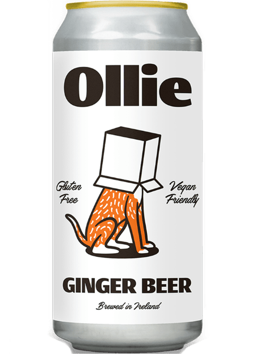 Ollie Ginger Beer 440ML can with gluten-free and vegan-friendly label featuring orange dog illustration