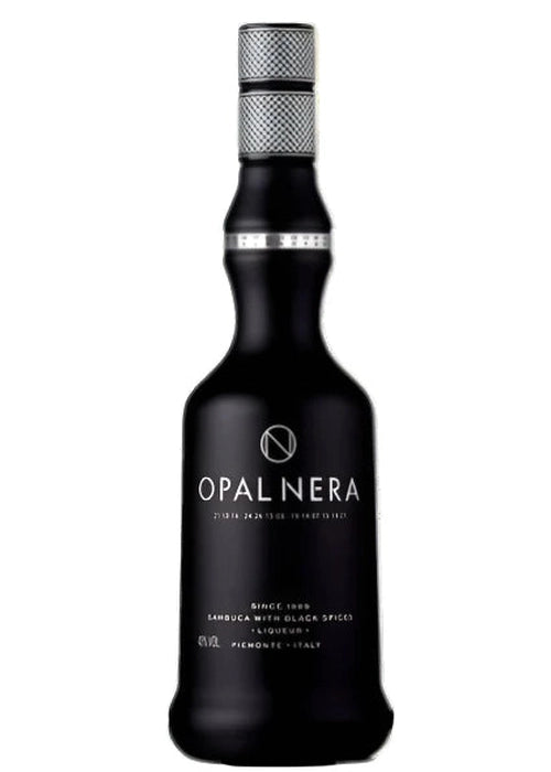 Opal Nera Black Sambuca 700ml matte black glass bottle with silver cap and Italian liqueur label