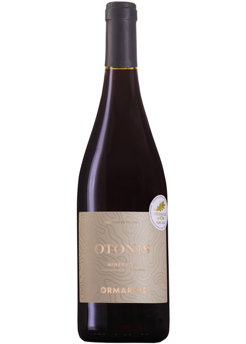 Otonis Minervois red wine bottle with gold lettering and medal seal