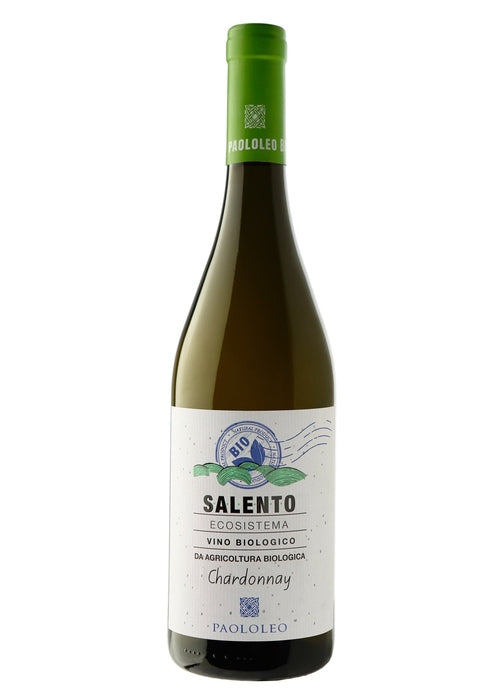 Paololeo Puglia Chardonnay organic white wine bottle with green glass and BIO label