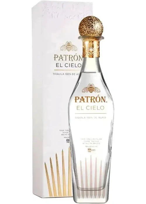 Patron El Cielo 700ml silver tequila bottle with gold bee logo and stopper