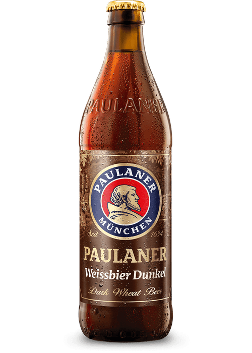 Paulaner Weissbier Dunkel 500ml dark wheat beer bottle with gold cap and Munich malt label