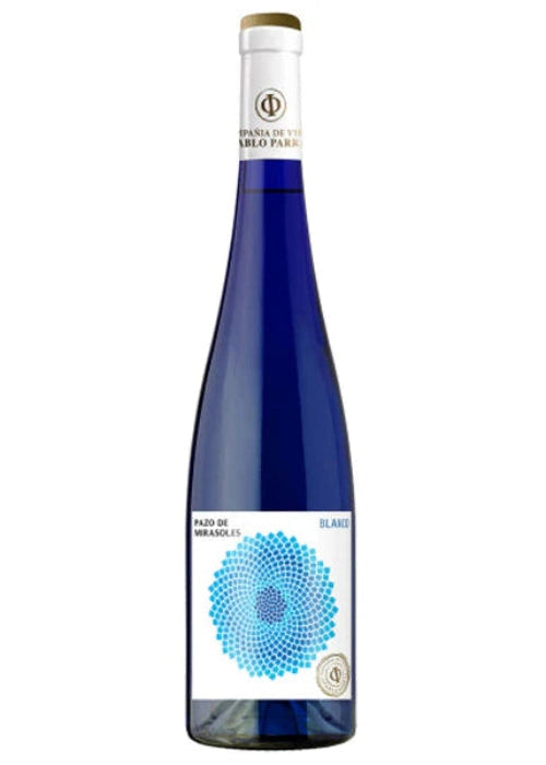 Pazo De Mirasoles Albarino white wine bottle with blue spiral label design