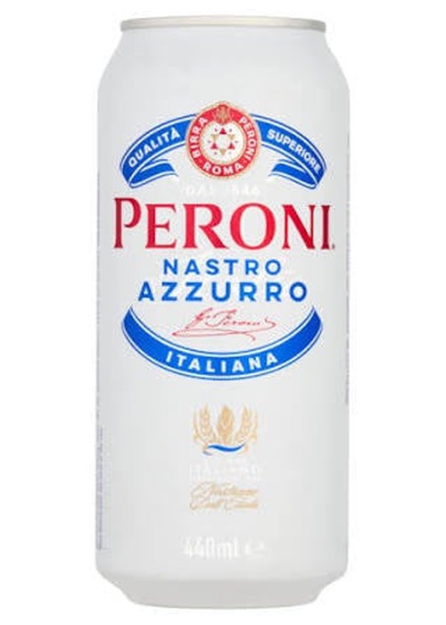 Peroni Nastro Azzurro 440ml aluminum beer can with blue ribbon design