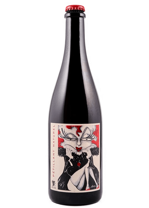 Albert De Conti Petillant Naturel sparkling wine bottle with red cap and stylized woman label