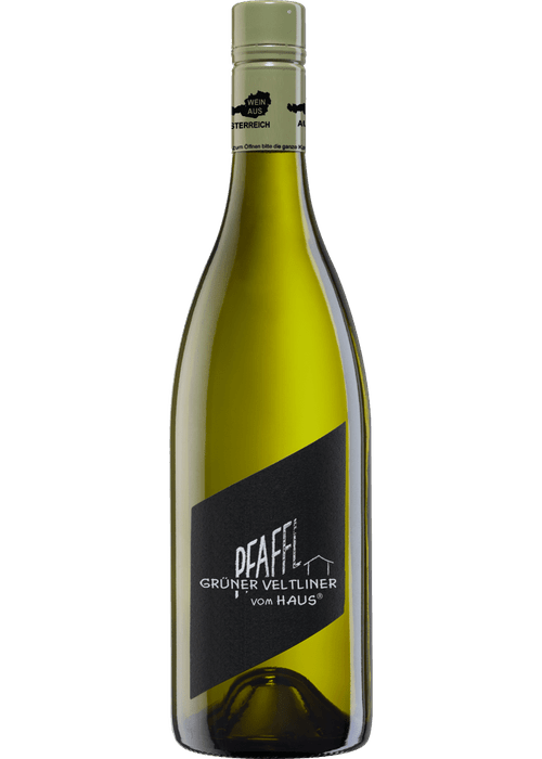 Pfaffl Vom Haus Gruner Veltliner white wine bottle with black label and olive-green cap