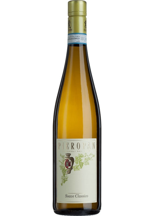 Pieropan Soave Classico white wine bottle with cream label and gold foil cap