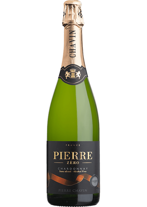 Pierre Zero Chardonnay Sparkling alcohol-free wine bottle with gold foil neck and black label