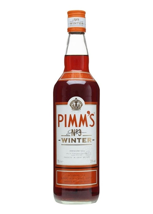 Pimm's No.3 Winter 700ml brandy-based herbal liqueur bottle with amber-red liquid and white label