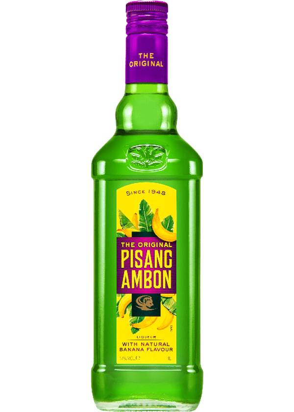 Bols Pisang Ambon Original green banana liqueur bottle with purple cap and yellow label