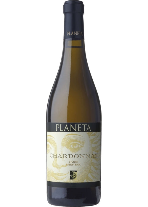 Planeta Chardonnay white wine bottle from Sicily with cream label and gold sun design