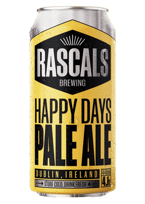 Rascal's Happy Days Pale Ale 440ml can with yellow label and condensation