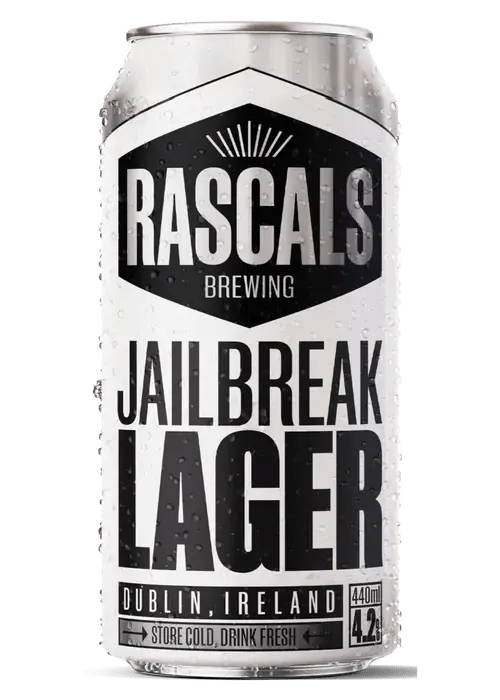 Rascal's Jailbreak Lager 440ml can with condensation, German-style Helles beer from Dublin Ireland