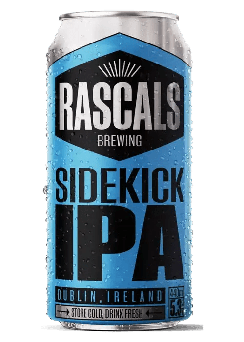 Chilled Rascal's Sidekick IPA 440ml aluminum can with blue label and condensation
