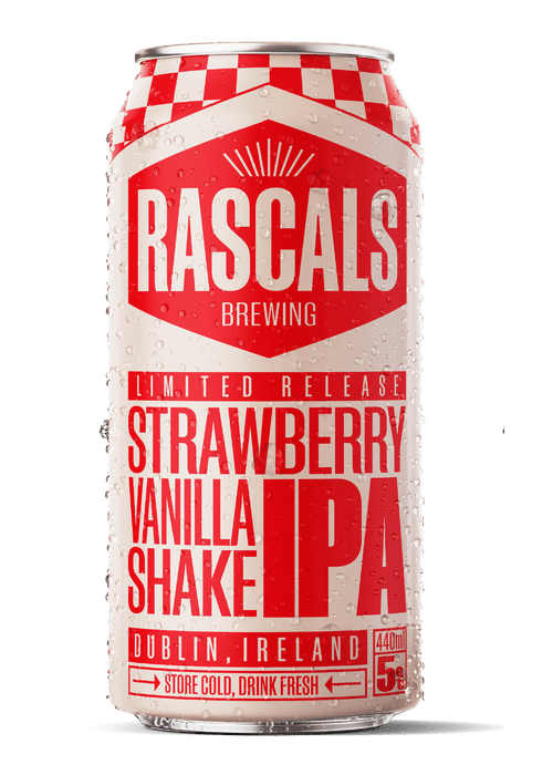 Rascal's Strawberry Vanilla Shake IPA 440ml can with cream label and red checkered rim