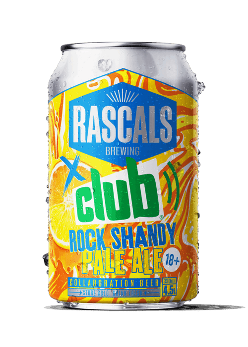 Rascals X Club Rock Shandy Pale Ale 330ml can with citrus orange label