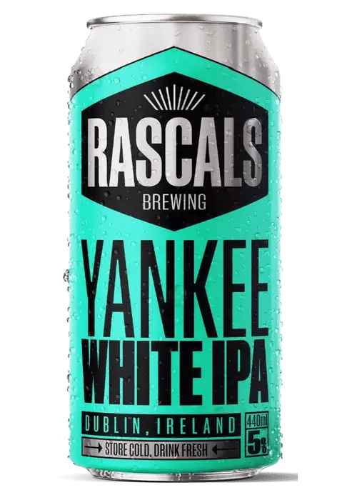 Rascal's Yankee White IPA 440ml aluminum can with teal label and condensation