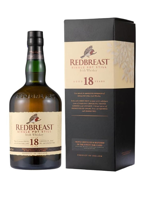 Redbreast 18 Year Old Single Pot Still Irish Whiskey bottle and box with cream label