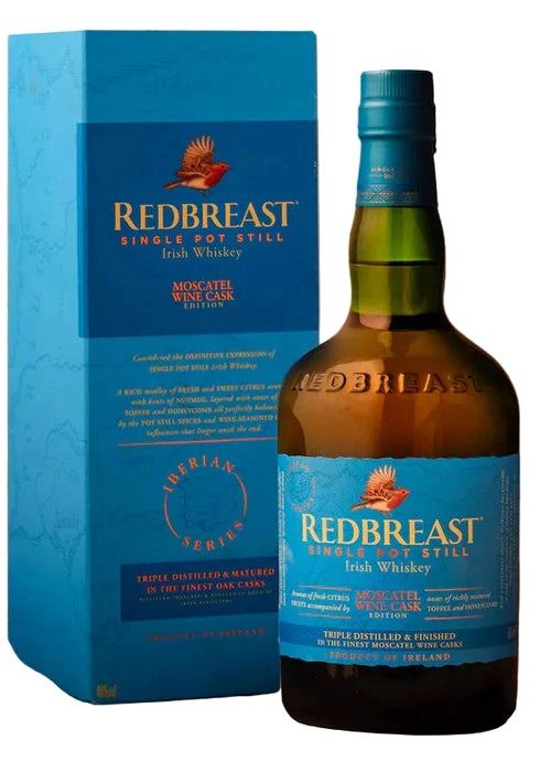 Redbreast Moscatel Wine Cask Single Pot Still Irish Whiskey bottle and box with blue label