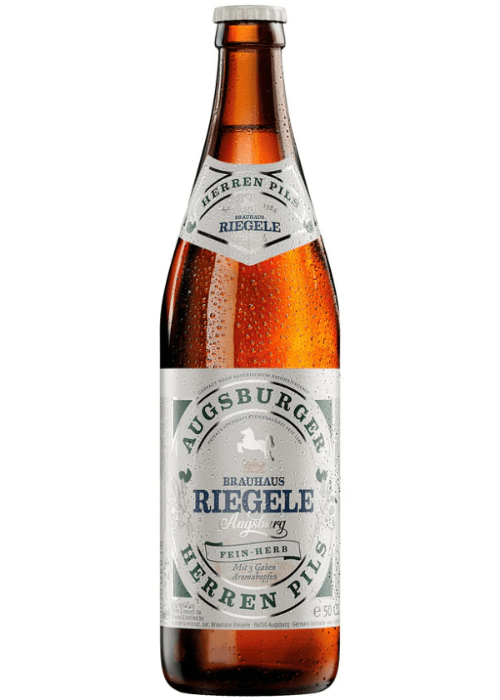 Riegele Herren Pils 500ml amber glass bottle with condensation and German label