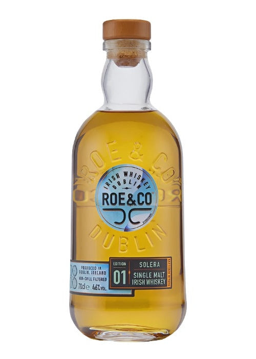 Roe & Co Solera Single Malt Irish Whiskey 700ml bottle with cork stopper and Dublin label