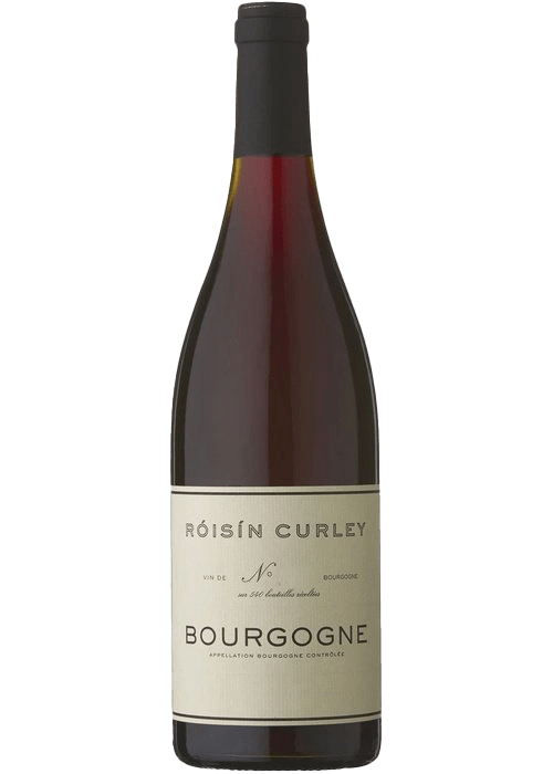 Roisin Curley Bourgogne red wine bottle with cream label and black capsule
