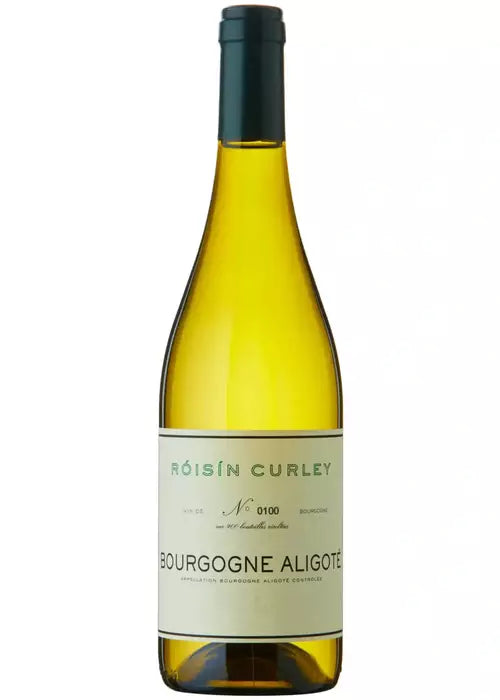 Roisin Curley Bourgogne Aligote 2021 white wine bottle with cream label and green screw cap