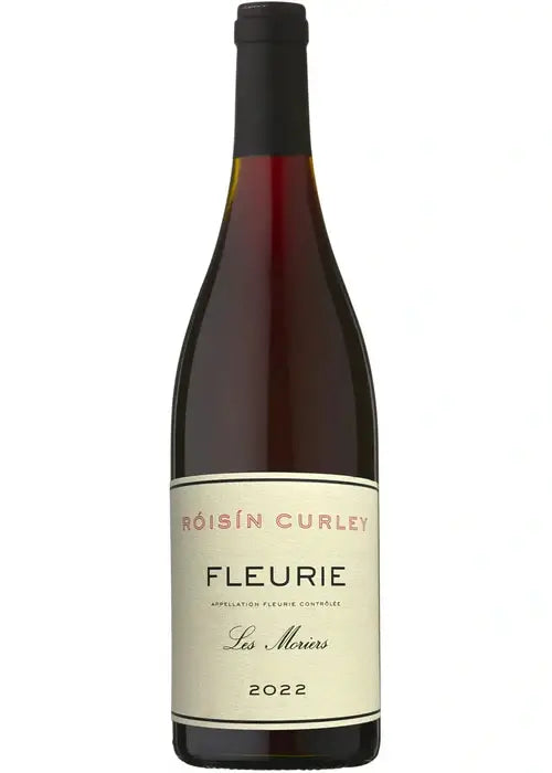 Roisin Curley Fleurie 2022 red wine bottle with cream label and Burgundy shape