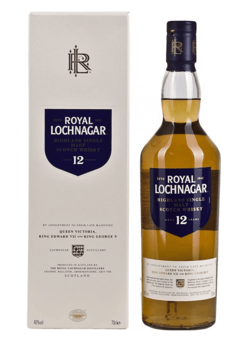 Royal Lochnagar 12 Year Old Highland Single Malt Scotch Whisky bottle and box with pale amber liquid