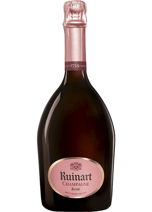 Ruinart Rosé Champagne bottle with pink label and rose-gold foil