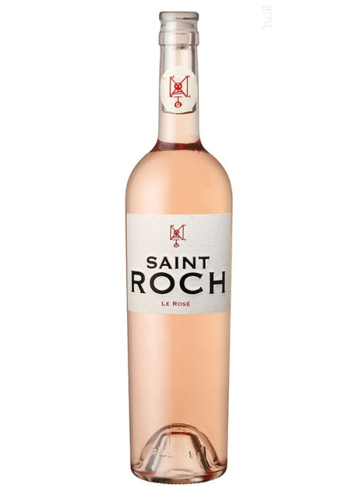 Saint Roch Le Rosé wine bottle with salmon-pink liquid and white label