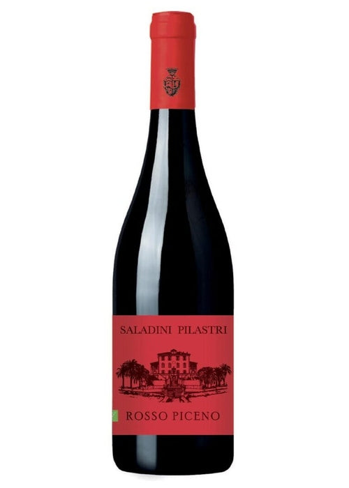Saladini Pilastri Rosso Piceno organic red wine bottle with red label and green certification symbol