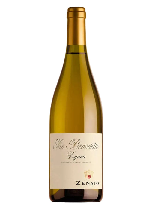 San Benedetto Lugana white wine bottle by Zenato with gold foil and cream label