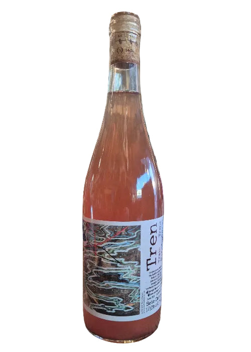 Sete Castro Tren organic rose wine bottle with cork stopper and abstract label