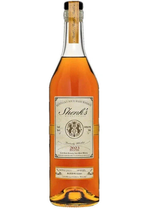 Shenk's Homestead Kentucky Sour Mash Whiskey 2023 Release 700ml bottle with amber liquid and gold foil seal