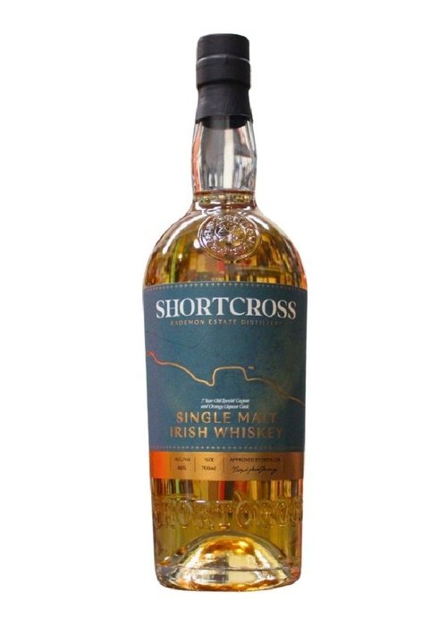 Shortcross 7 Year Old Single Malt Irish Whiskey bottle with dark blue label and amber liquid