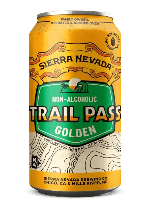 Sierra Nevada Trail Pass Golden non-alcoholic beer can with yellow label and green shield