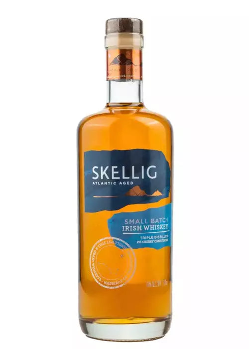 Skellig Small Batch PX Sherry Cask Finish Irish Whiskey 700ml bottle with amber liquid and blue label