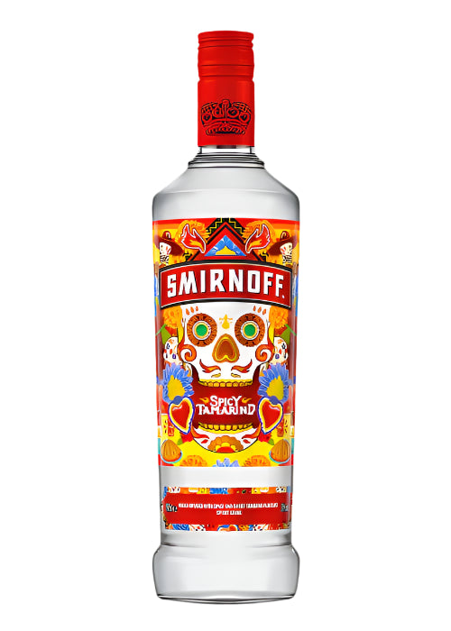Smirnoff Spicy Tamarind 700ml vodka bottle with colorful Day of the Dead skull label