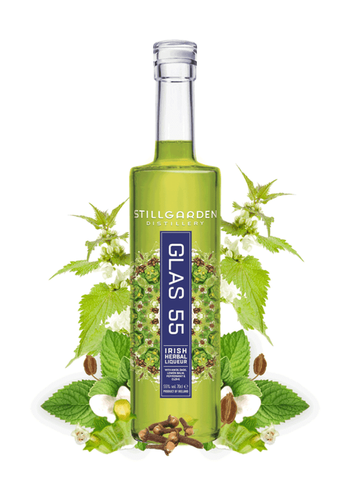 Stillgarden Glas 55 Irish herbal liqueur bottle with green liquid and botanical label